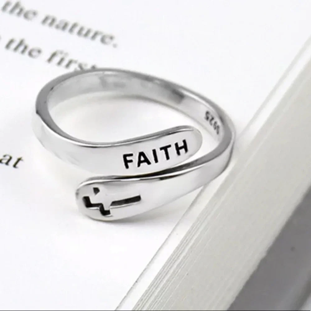 NEW 925 Sterling Silver Cross Faith Ring Adjustable